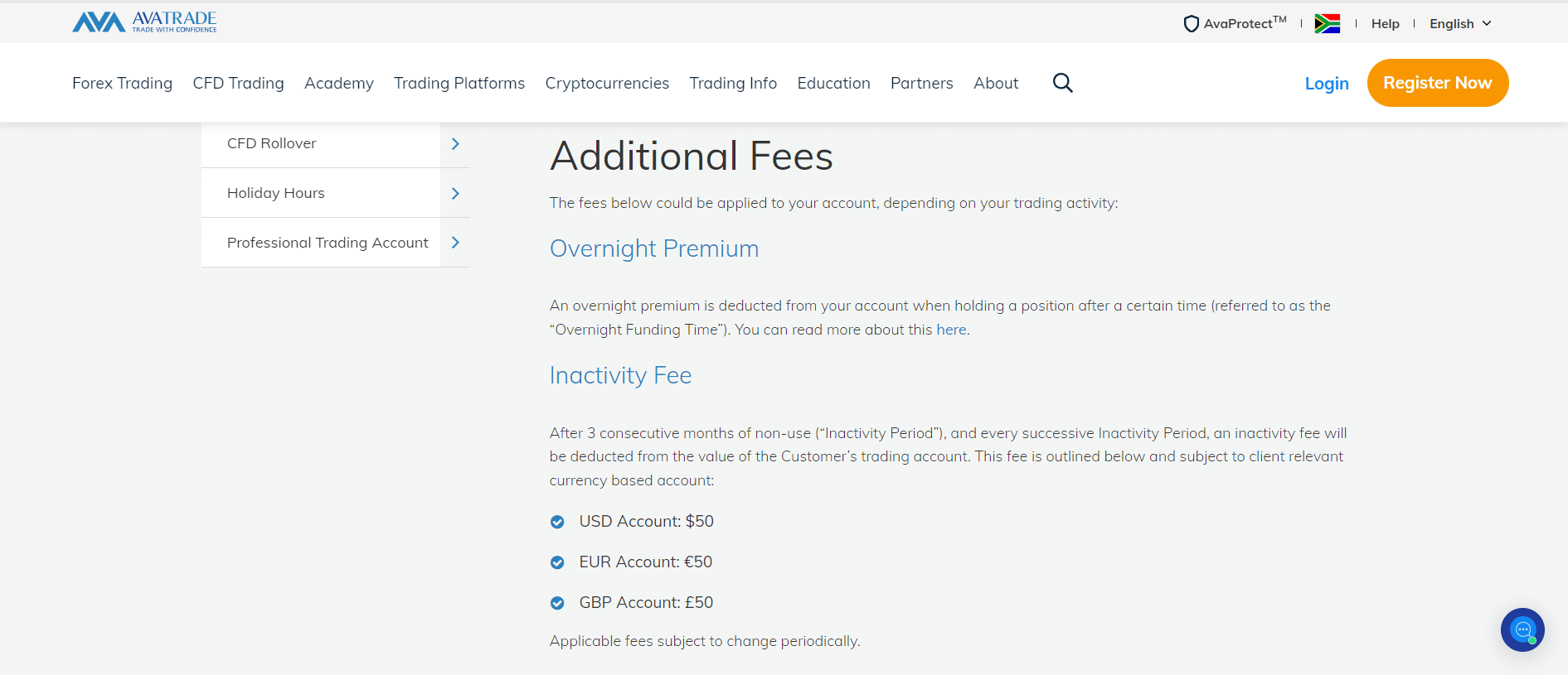 AvaTrade Fees, Spreads, and Commissions