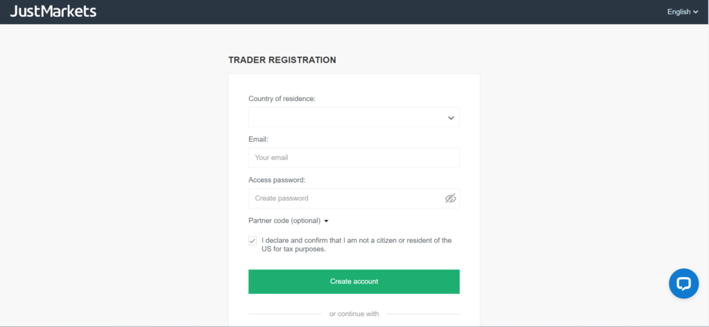 JustMarkets Open Account Step 2